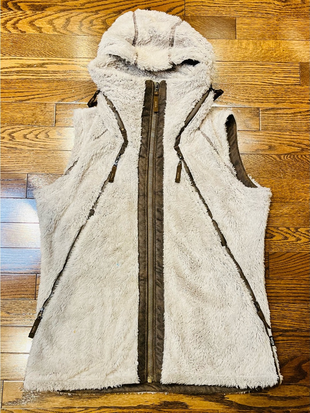 KÜHL Flight Vest Women L Italian Fleece Stowaway Hood Outdoor